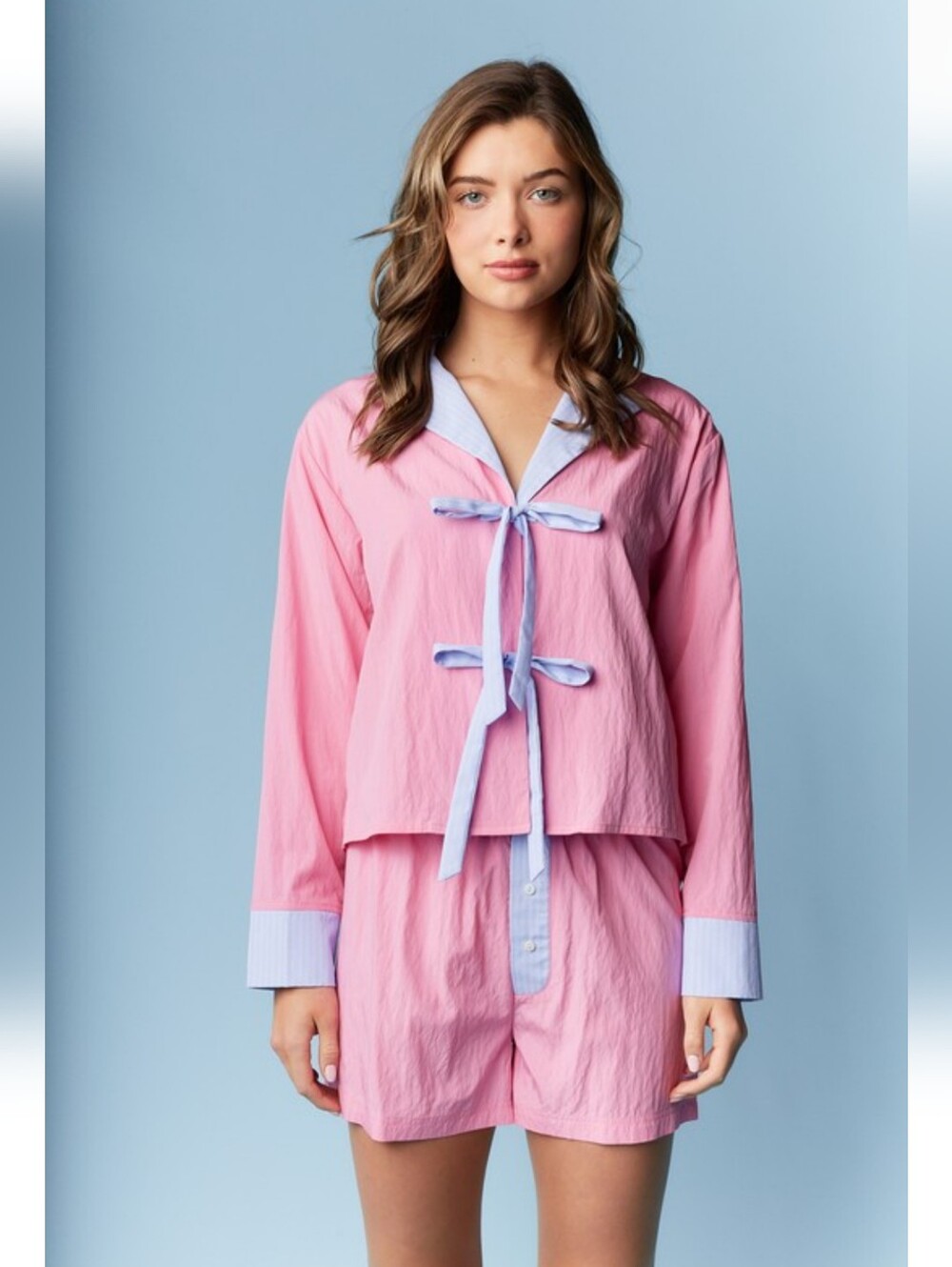 Pink Two-Piece Lounge Set with Light Blue Trim